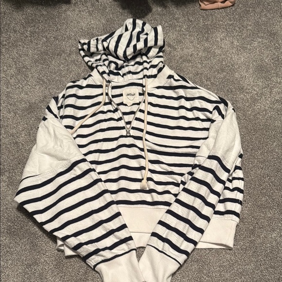 aerie Tops - Aerie Striped Cropped Navy and White Hoodie